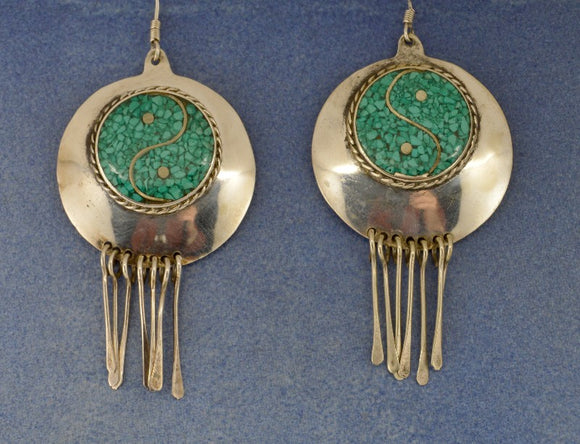 Sterling Silver Vintage Taxco Mexico Turquoise Clip On Dangle Fringe  Earrings